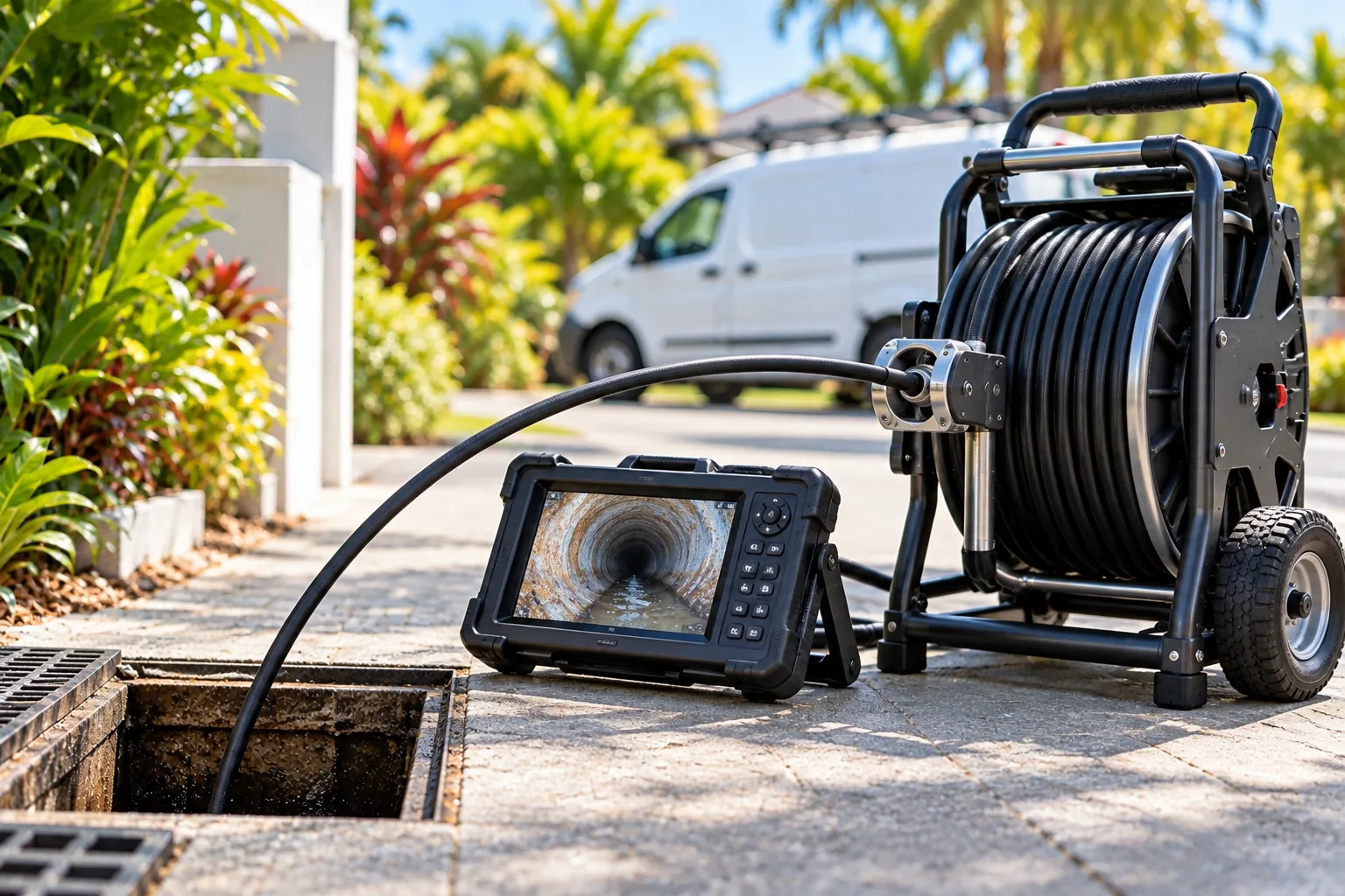 Drain inspection camera reel and monitor on a driveway