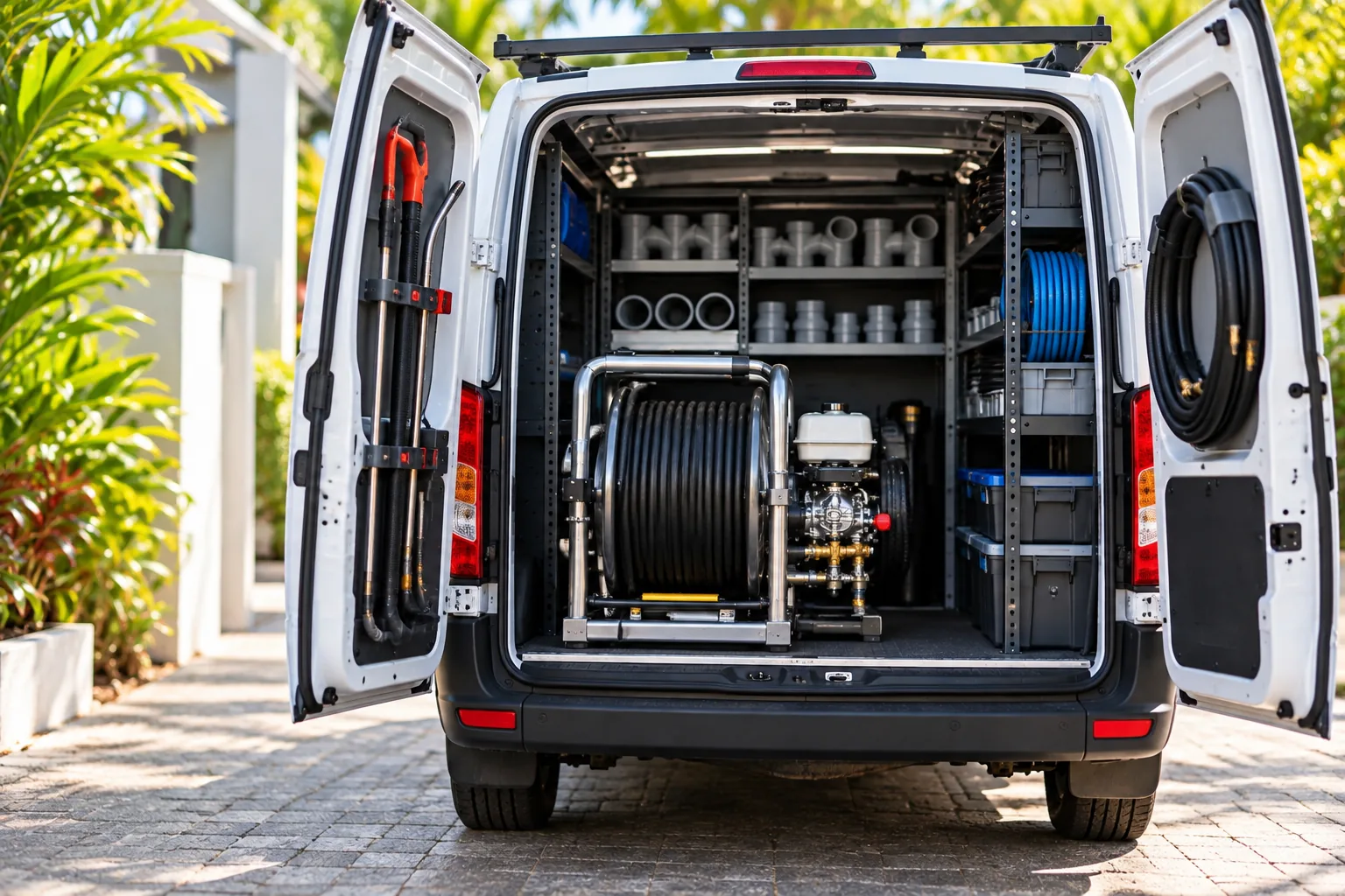 Plumbing work van with tools and drain equipment
