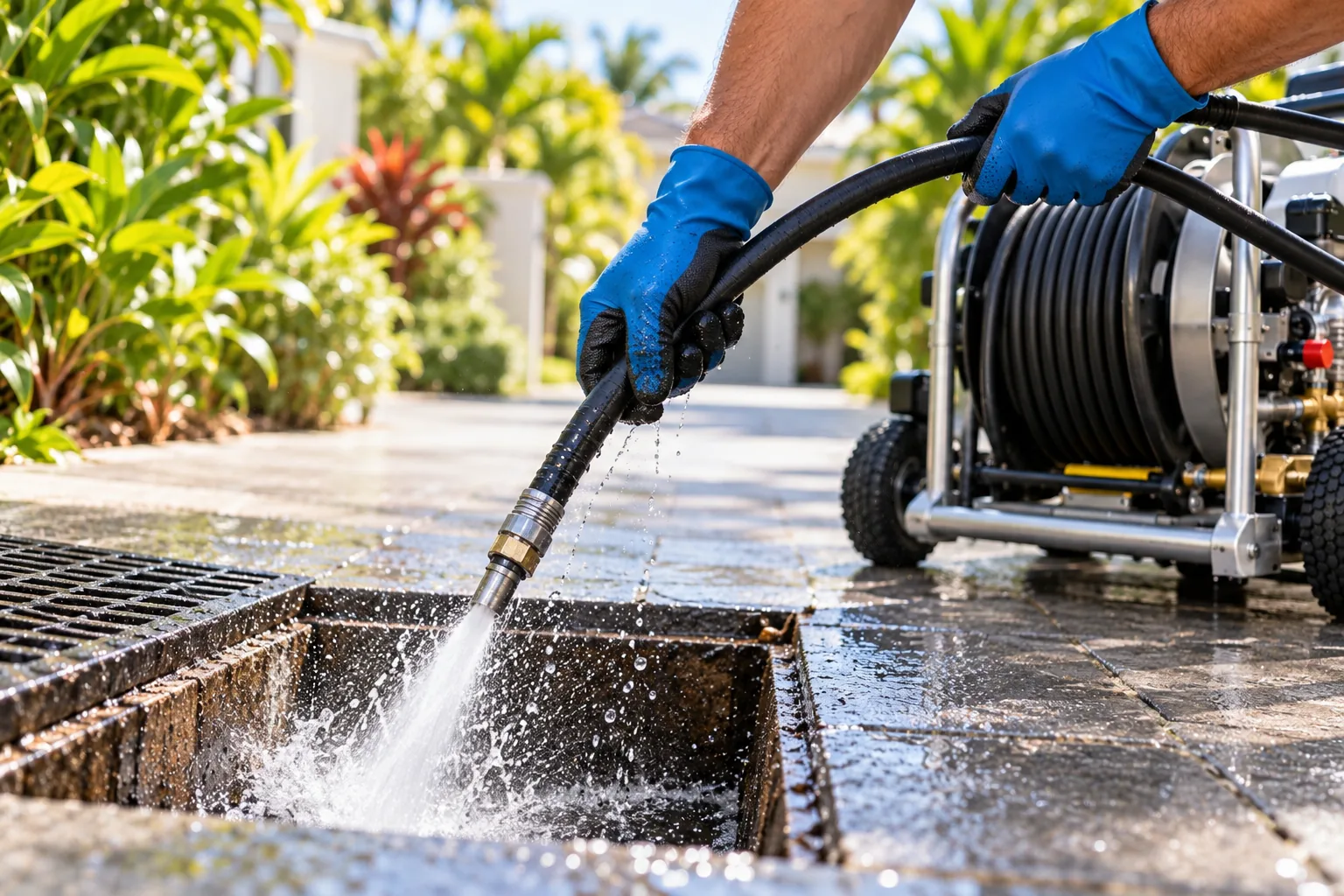 Drain jetter hose fed into an open driveway drain