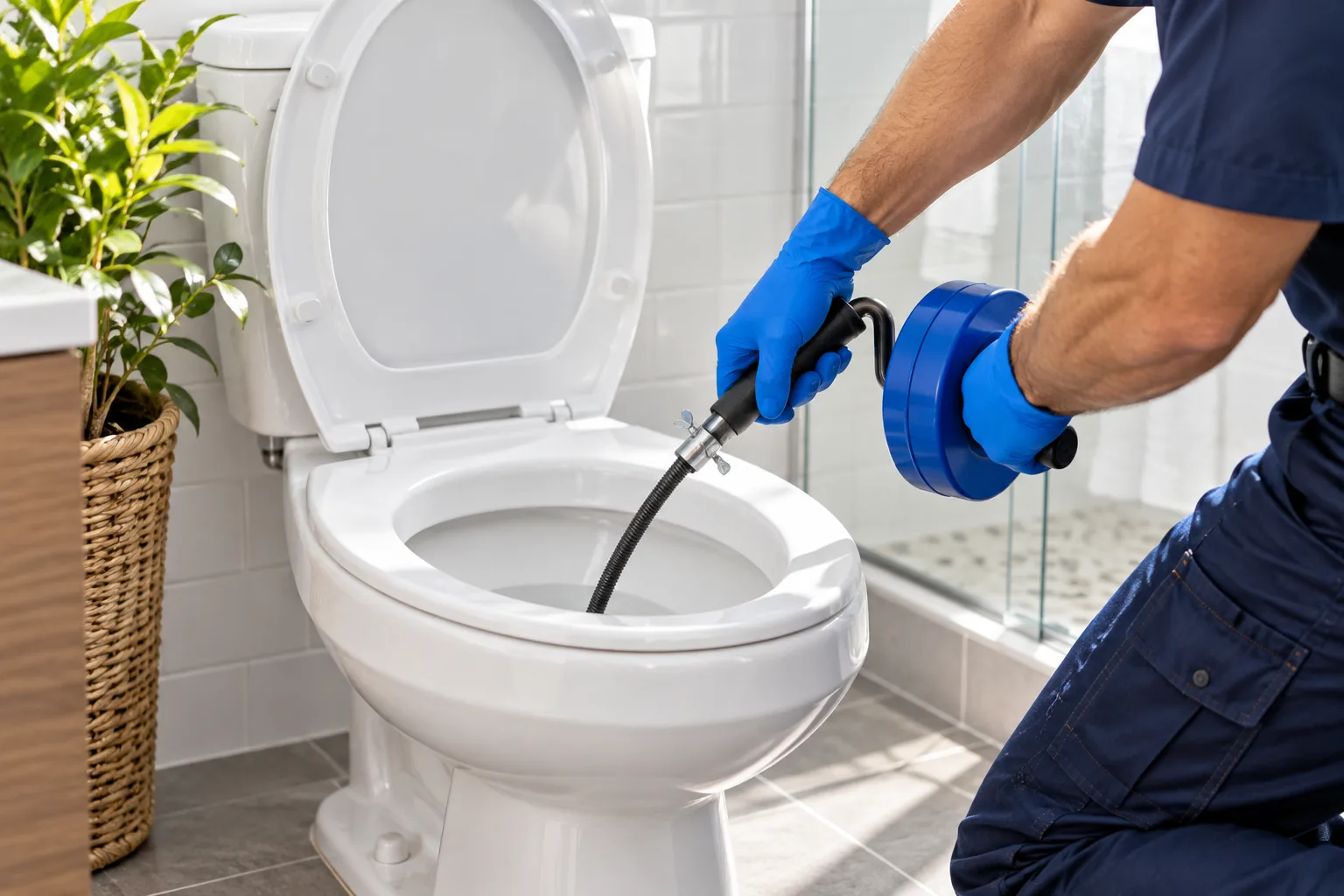 Gloved hands using a toilet auger in a tiled bathroom