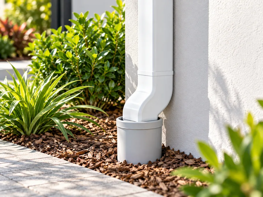 Downpipe connected to a stormwater riser at a house wall