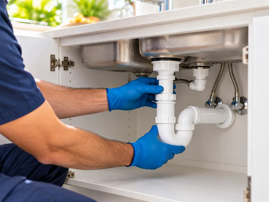 Gloved hands fitting a trap under a kitchen sink