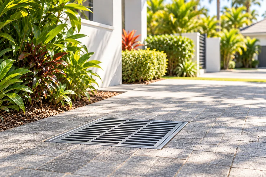 Stormwater pit with a metal grate in concrete paving