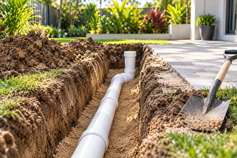 Drain pipework laid in a trench