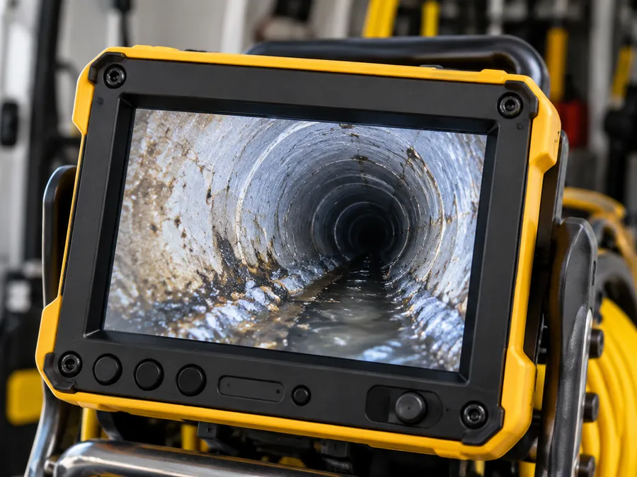 CCTV drain camera monitor showing the inside of a pipe