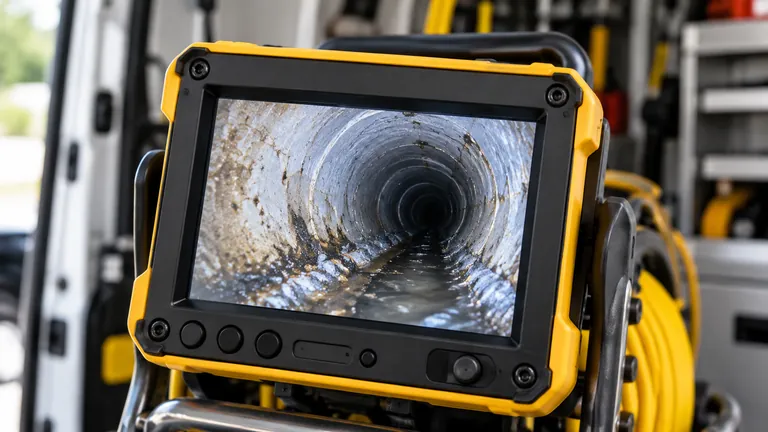 CCTV drain inspection camera monitor showing the inside of a pipe