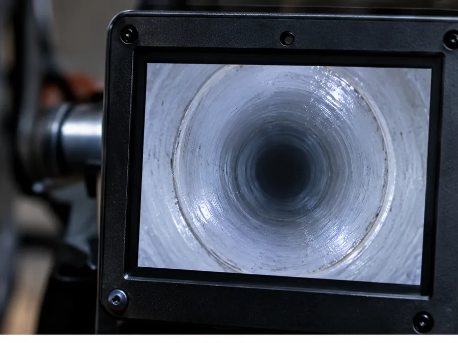 Inspection camera screen showing a clear pipe