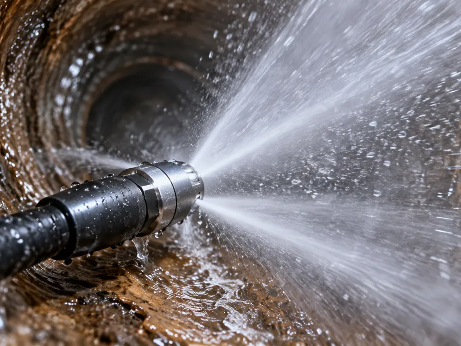 High-pressure water jetting nozzle inside a drain