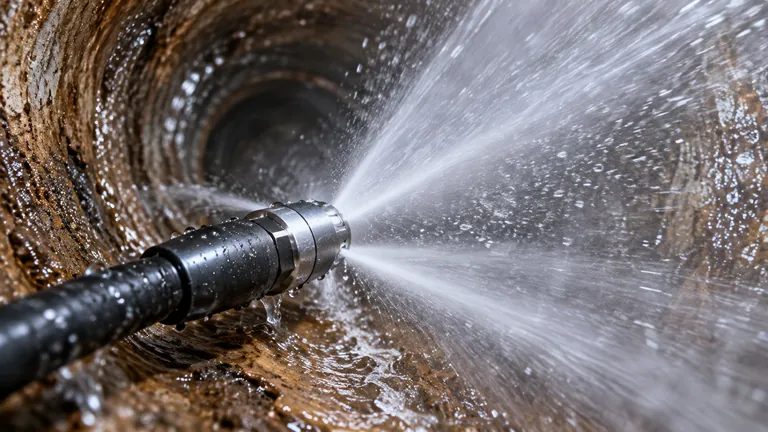 High-pressure water jetting nozzle spraying inside a drain