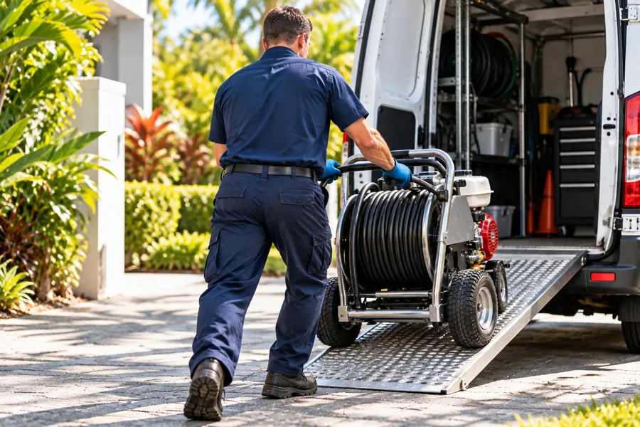 Plumber unloading a drain jetter from a work van
