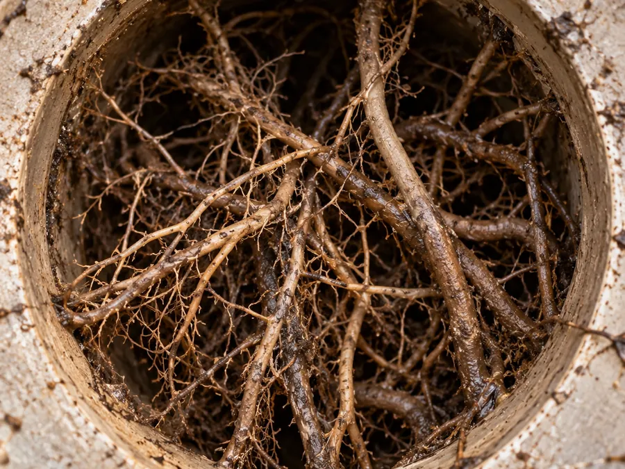 Tree roots growing inside a drain pipe