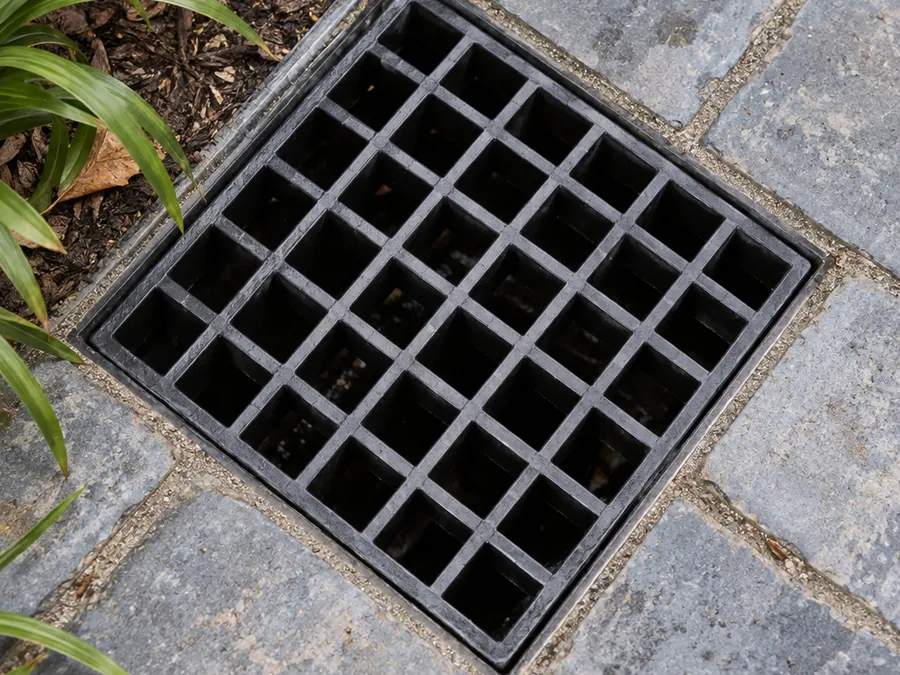Square stormwater drain grate in grey paving