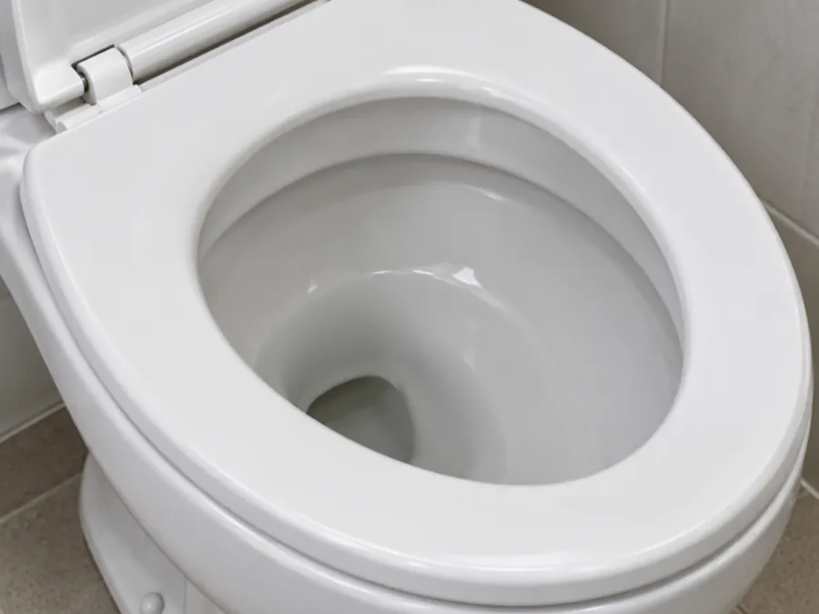 White toilet in a tiled bathroom